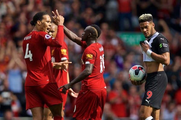 LIVERPOOL, ENGLAND - Saturday, September 14, 2019: Liverpool's Sadio Mane celebrates scoring the first equalising goal with team-mate Virgil van Dijk (L) during the FA Premier League match between Liverpool FC and Newcastle United FC at Anfield. (Pic by David Rawcliffe/Propaganda)