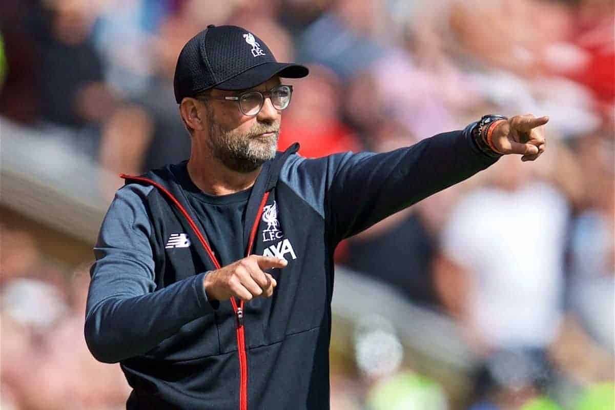 LIVERPOOL, ENGLAND - Saturday, September 14, 2019: Liverpool's manager Jürgen Klopp during the FA Premier League match between Liverpool FC and Newcastle United FC at Anfield. (Pic by David Rawcliffe/Propaganda)