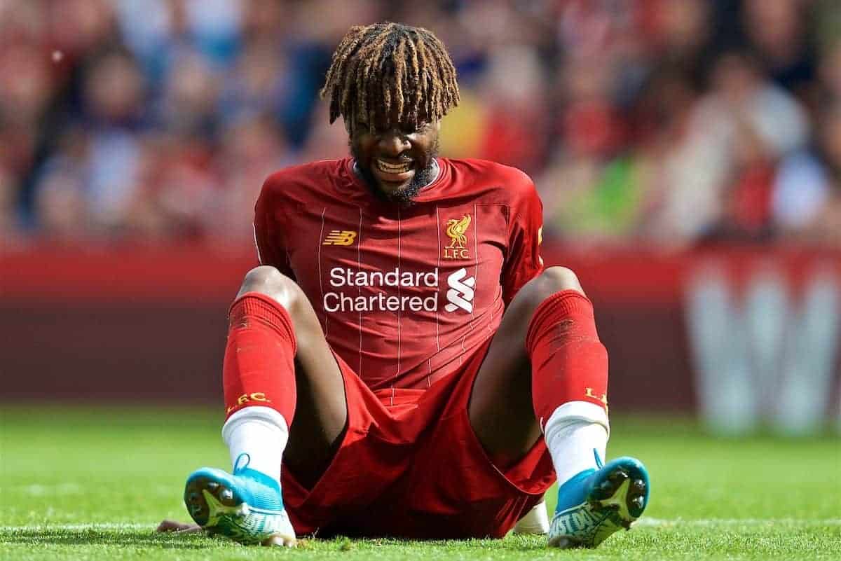 LIVERPOOL, ENGLAND - Saturday, September 14, 2019: Liverpool's Divock Origi goes down with an injury forcing him out of the game during the FA Premier League match between Liverpool FC and Newcastle United FC at Anfield. (Pic by David Rawcliffe/Propaganda)