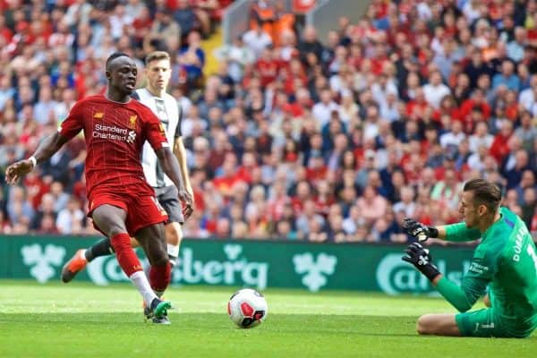 LIVERPOOL, ENGLAND - Saturday, September 14, 2019: Liverpool's Sadio Mane challenges Newcastle United's goalkeeper Martin Dúbravka before scoring the second goal during the FA Premier League match between Liverpool FC and Newcastle United FC at Anfield. (Pic by David Rawcliffe/Propaganda)