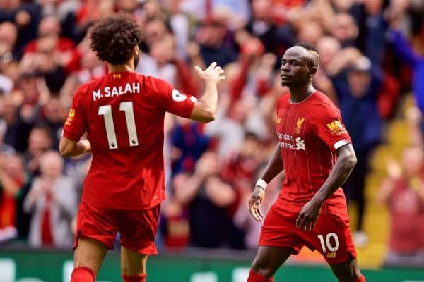 LIVERPOOL, ENGLAND - Saturday, September 14, 2019: Liverpool's Sadio Mane (R) celebrates scoring the second goal with team-mate Mohamed Salah (L) during the FA Premier League match between Liverpool FC and Newcastle United FC at Anfield. (Pic by David Rawcliffe/Propaganda)