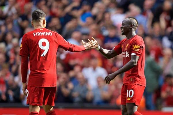 LIVERPOOL, ENGLAND - Saturday, September 14, 2019: Liverpool's Sadio Mane (R) celebrates scoring the second goal with team-mate Roberto Firmino (L) during the FA Premier League match between Liverpool FC and Newcastle United FC at Anfield. (Pic by David Rawcliffe/Propaganda)