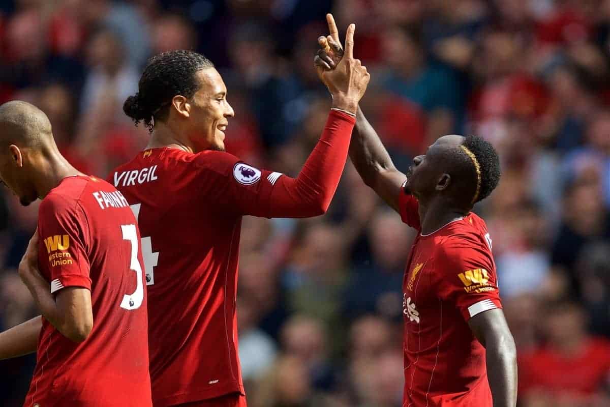 LIVERPOOL, ENGLAND - Saturday, September 14, 2019: Liverpool's Sadio Mane (R) celebrates scoring the second goal with team-mate Virgil van Dijk (L) during the FA Premier League match between Liverpool FC and Newcastle United FC at Anfield. (Pic by David Rawcliffe/Propaganda)