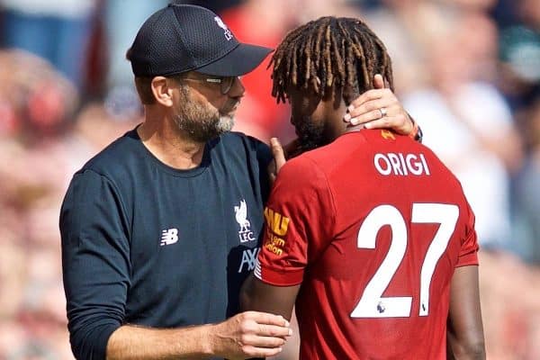 LIVERPOOL, ENGLAND - Saturday, September 14, 2019: Liverpool's manager Jürgen Klopp speaks with Divock Origi as he is substituted with an injury during the FA Premier League match between Liverpool FC and Newcastle United FC at Anfield. (Pic by David Rawcliffe/Propaganda)