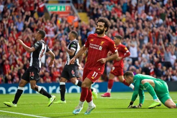 LIVERPOOL, ENGLAND - Saturday, September 14, 2019: Liverpool's Mohamed Salah celebrates scoring the third goal during the FA Premier League match between Liverpool FC and Newcastle United FC at Anfield. (Pic by David Rawcliffe/Propaganda)