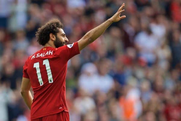 LIVERPOOL, ENGLAND - Saturday, September 14, 2019: Liverpool's Mohamed Salah celebrates scoring the third goal during the FA Premier League match between Liverpool FC and Newcastle United FC at Anfield. (Pic by David Rawcliffe/Propaganda)