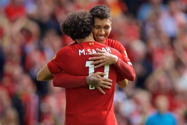 LIVERPOOL, ENGLAND - Saturday, September 14, 2019: Liverpool's Mohamed Salah (#11) celebrates scoring the third goal with team-mate Roberto Firmino during the FA Premier League match between Liverpool FC and Newcastle United FC at Anfield. (Pic by David Rawcliffe/Propaganda)