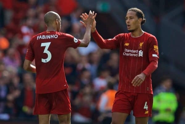 LIVERPOOL, ENGLAND - Saturday, September 14, 2019: Liverpool's Virgil van Dijk (R) and Fabio Henrique Tavares 'Fabinho' celebrate after the FA Premier League match between Liverpool FC and Newcastle United FC at Anfield. Liverpool won 3-1. (Pic by David Rawcliffe/Propaganda)
