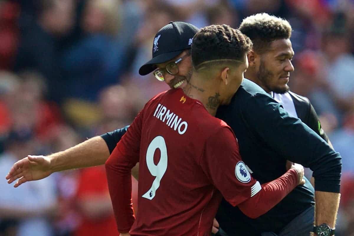 LIVERPOOL, ENGLAND - Saturday, September 14, 2019: Liverpool's manager Jürgen Klopp embraces Roberto Firmino after the FA Premier League match between Liverpool FC and Newcastle United FC at Anfield. Liverpool won 3-1. (Pic by David Rawcliffe/Propaganda)