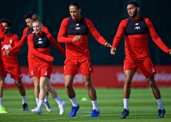 LIVERPOOL, ENGLAND - Monday, September 16, 2019: Liverpool's Virgil van Dijk and Joe Gomez during a training session at Melwood Training Ground ahead of the UEFA Champions League Group E match between SSC Napoli and Liverpool FC. (Pic by Laura Malkin/Propaganda)