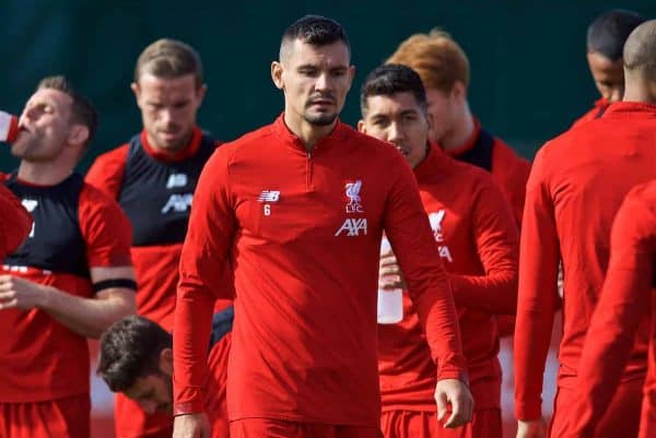 LIVERPOOL, ENGLAND - Monday, September 16, 2019: Liverpool's Dejan Lovren during a training session at Melwood Training Ground ahead of the UEFA Champions League Group E match between SSC Napoli and Liverpool FC. (Pic by Laura Malkin/Propaganda)