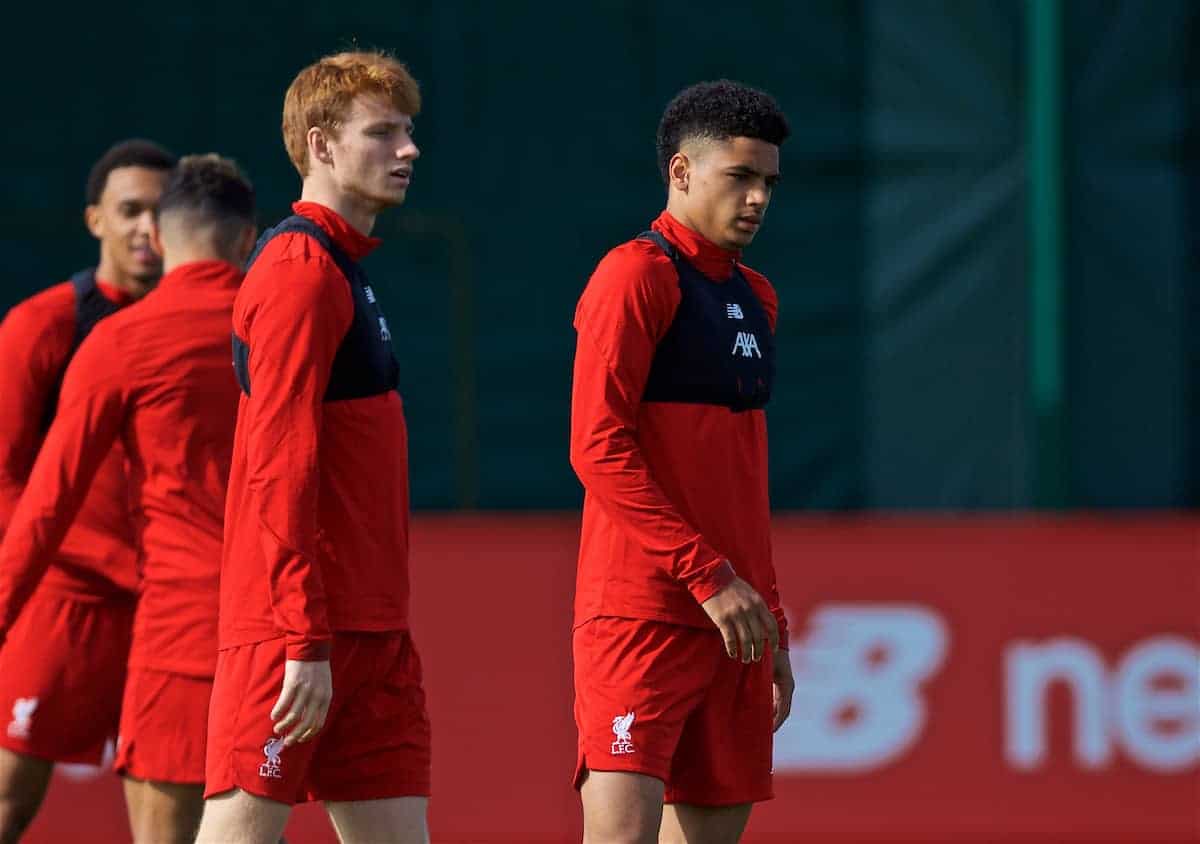 LIVERPOOL, ENGLAND - Monday, September 16, 2019: Liverpool's Sepp van den Berg (L) and Ki-Jana Hoever during a training session at Melwood Training Ground ahead of the UEFA Champions League Group E match between SSC Napoli and Liverpool FC. (Pic by Laura Malkin/Propaganda)