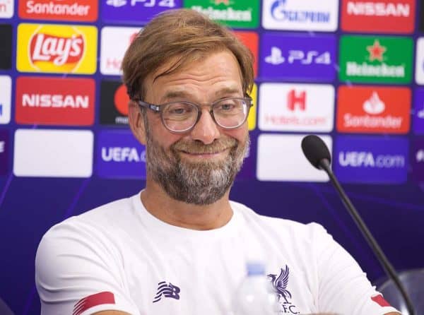 NAPLES, ITALY - Monday, September 16, 2019: Liverpool's manager Jürgen Klopp during a press conference at the Stadio San Paolo ahead of the UEFA Champions League Group E match between SSC Napoli and Liverpool FC. (Pic by David Rawcliffe/Propaganda)