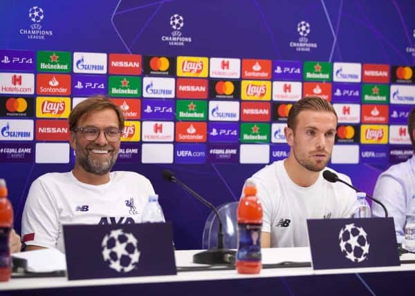 NAPLES, ITALY - Monday, September 16, 2019: Liverpool's manager Jürgen Klopp (L) and captain Jordan Henderson during a press conference at the Stadio San Paolo ahead of the UEFA Champions League Group E match between SSC Napoli and Liverpool FC. (Pic by David Rawcliffe/Propaganda)