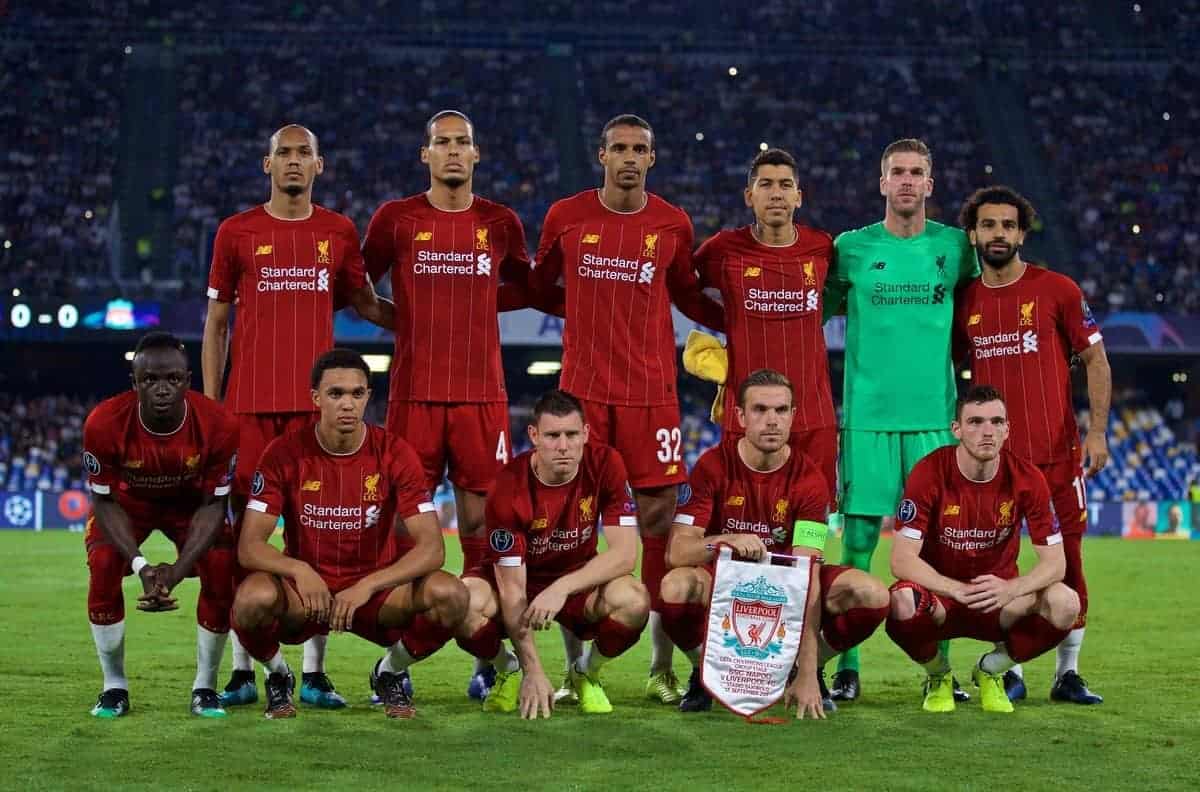 NAPLES, ITALY - Tuesday, September 17, 2019: Liverpool's players line-up for a team group photograph before the UEFA Champions League Group E match between SSC Napoli and Liverpool FC at the Studio San Paolo. Back row L-R: Fabio Henrique Tavares 'Fabinho', Virgil van Dijk, Joel Matip, Naby Keita, goalkeeper Adrián San Miguel del Castillo.Mohamed Salah. Front row L-R: Sadio Mane, Trent Alexander-Arnold, James Milner, captain Jordan Henderson, Andy Robertson. (Pic by David Rawcliffe/Propaganda)