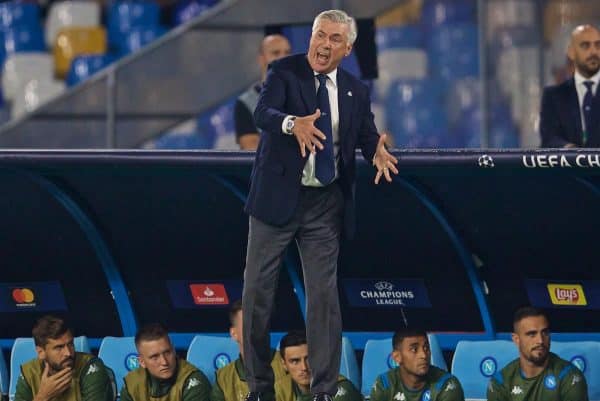 NAPLES, ITALY - Tuesday, September 17, 2019: SSC Napoli's head coach Carlo Ancelotti during the UEFA Champions League Group E match between SSC Napoli and Liverpool FC at the Studio San Paolo. (Pic by David Rawcliffe/Propaganda)