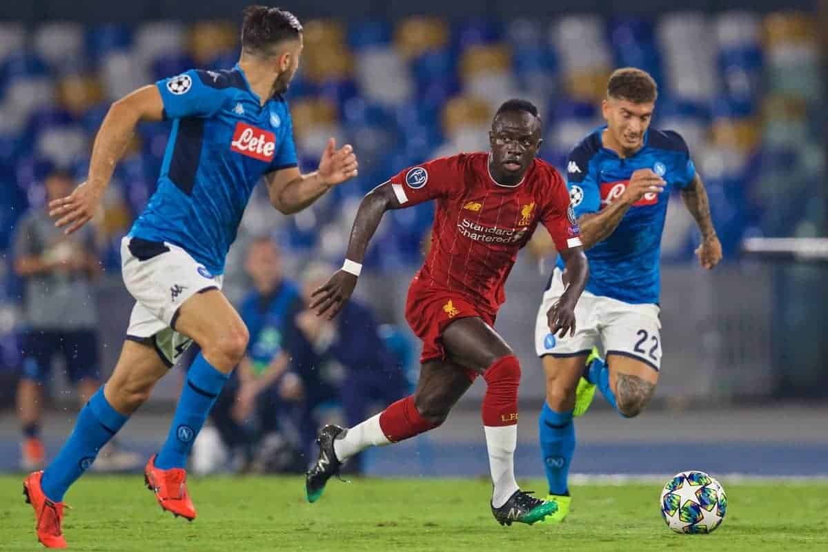 NAPLES, ITALY - Tuesday, September 17, 2019: Liverpool's Sadio Mane during the UEFA Champions League Group E match between SSC Napoli and Liverpool FC at the Studio San Paolo. (Pic by David Rawcliffe/Propaganda)