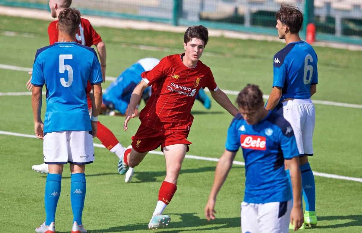 NAPLES, ITALY - Tuesday, September 17, 2019: Liverpool's substitute Layton Stewart celebrates scoring an equalising goal to level the score 1-1 during the UEFA Youth League Group E match between SSC Napoli and Liverpool FC at Stadio Comunale di Frattamaggiore. (Pic by David Rawcliffe/Propaganda)