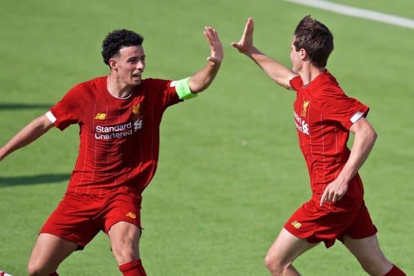 NAPLES, ITALY - Tuesday, September 17, 2019: Liverpool's substitute Layton Stewart (R) celebrates scoring an equalising goal to level the score 1-1 with team-mate captain Curtis Jones during the UEFA Youth League Group E match between SSC Napoli and Liverpool FC at Stadio Comunale di Frattamaggiore. The game ended in a 1-1 draw. (Pic by David Rawcliffe/Propaganda)