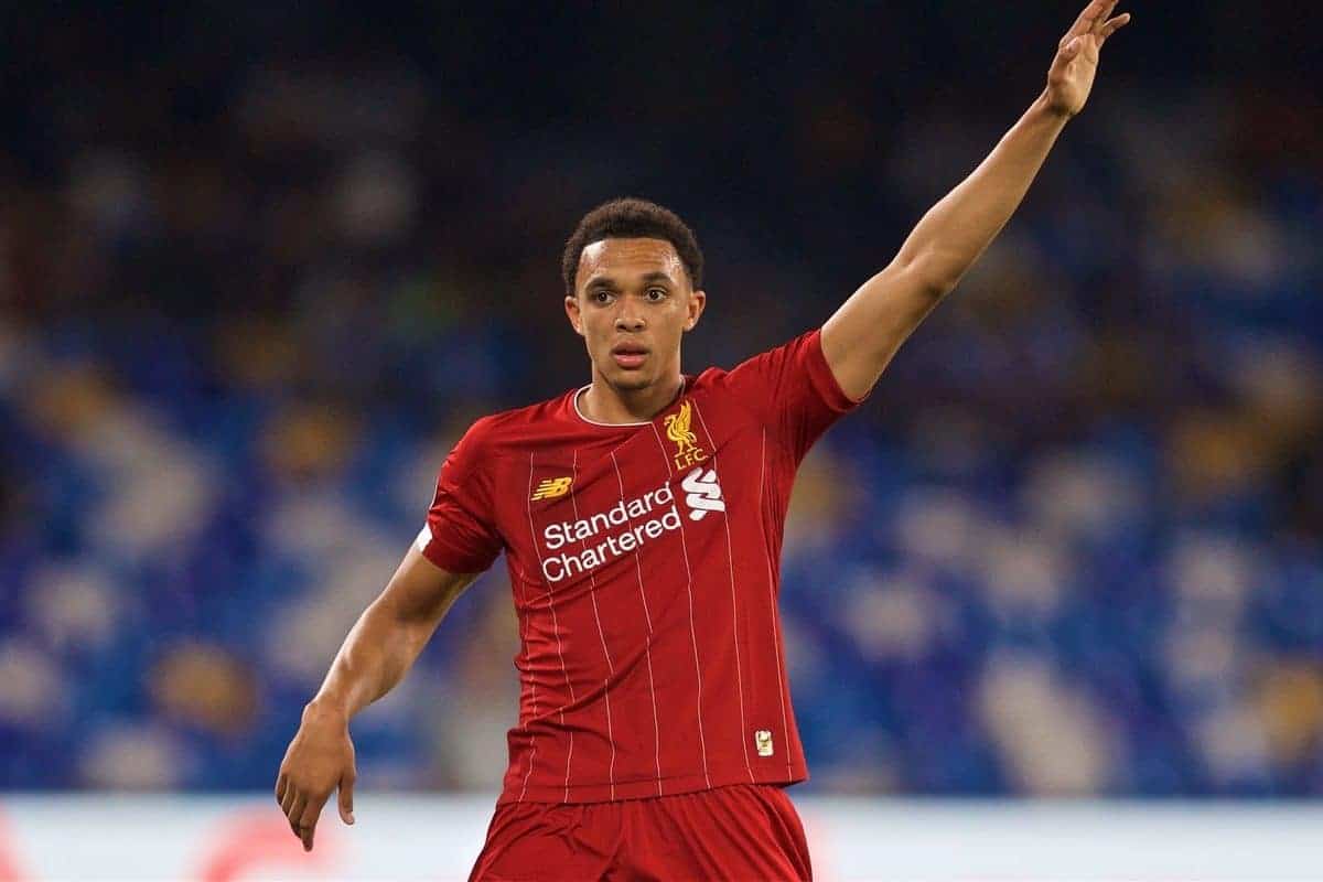 NAPLES, ITALY - Tuesday, September 17, 2019: Liverpool's Trent Alexander-Arnold during the UEFA Champions League Group E match between SSC Napoli and Liverpool FC at the Studio San Paolo. (Pic by David Rawcliffe/Propaganda)