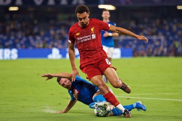 NAPLES, ITALY - Tuesday, September 17, 2019: Liverpool's Trent Alexander-Arnold is tackled by SSC Napoli's Mário Rui during the UEFA Champions League Group E match between SSC Napoli and Liverpool FC at the Studio San Paolo. (Pic by David Rawcliffe/Propaganda)