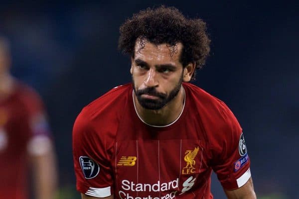 NAPLES, ITALY - Tuesday, September 17, 2019: Liverpool's Mohamed Salah looks dejected after missing a chance during the UEFA Champions League Group E match between SSC Napoli and Liverpool FC at the Studio San Paolo. (Pic by David Rawcliffe/Propaganda)