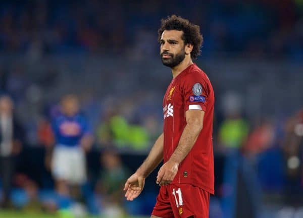 NAPLES, ITALY - Tuesday, September 17, 2019: Liverpool's Mohamed Salah looks dejected after missing a chance during the UEFA Champions League Group E match between SSC Napoli and Liverpool FC at the Studio San Paolo. (Pic by David Rawcliffe/Propaganda)