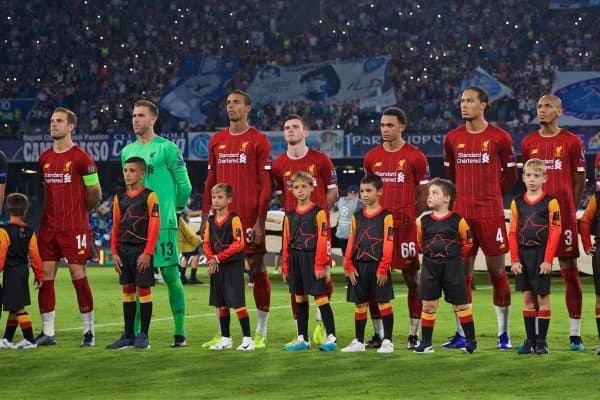 NAPLES, ITALY - Tuesday, September 17, 2019: Liverpool players line-up before the UEFA Champions League Group E match between SSC Napoli and Liverpool FC at the Studio San Paolo. L-R captain Jordan Henderson, goalkeeper Adrián San Miguel del Castillo, Joel Matip, Andy Robertson, Trent Alexander-Arnold, Virgil van Dijk, Fabio Henrique Tavares 'Fabinho', James Milner, Roberto Firmino, Sadio Mane, Mohamed Salah. (Pic by David Rawcliffe/Propaganda)