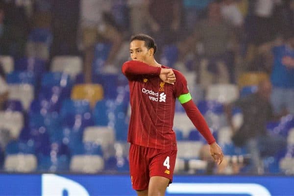 NAPLES, ITALY - Tuesday, September 17, 2019: Liverpool's Virgil van Dijk looks dejected after his mistake led to SSC Napoli's second goal during the UEFA Champions League Group E match between SSC Napoli and Liverpool FC at the Studio San Paolo. Napoli won 2-0. (Pic by David Rawcliffe/Propaganda)