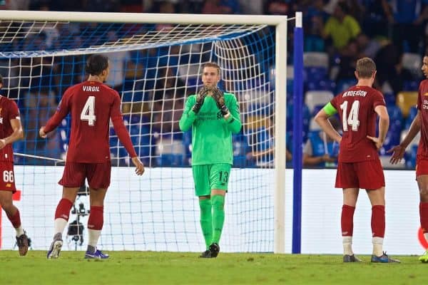 NAPLES, ITALY - Tuesday, September 17, 2019: Liverpool's goalkeeper Adrián San Miguel del Castillo looks dejected as a penalty is awarded to SSC Napoli during the UEFA Champions League Group E match between SSC Napoli and Liverpool FC at the Studio San Paolo. (Pic by David Rawcliffe/Propaganda)