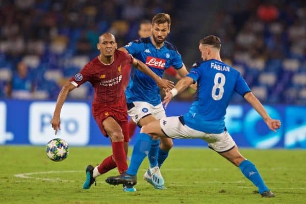 NAPLES, ITALY - Tuesday, September 17, 2019: Liverpool's Fabio Henrique Tavares 'Fabinho' during the UEFA Champions League Group E match between SSC Napoli and Liverpool FC at the Studio San Paolo. (Pic by David Rawcliffe/Propaganda)