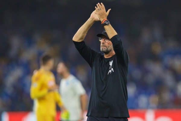 NAPLES, ITALY - Tuesday, September 17, 2019: Liverpool's manager Jürgen Klopp applauds the supporters after the UEFA Champions League Group E match between SSC Napoli and Liverpool FC at the Studio San Paolo. Napoli won 2-0. (Pic by David Rawcliffe/Propaganda)