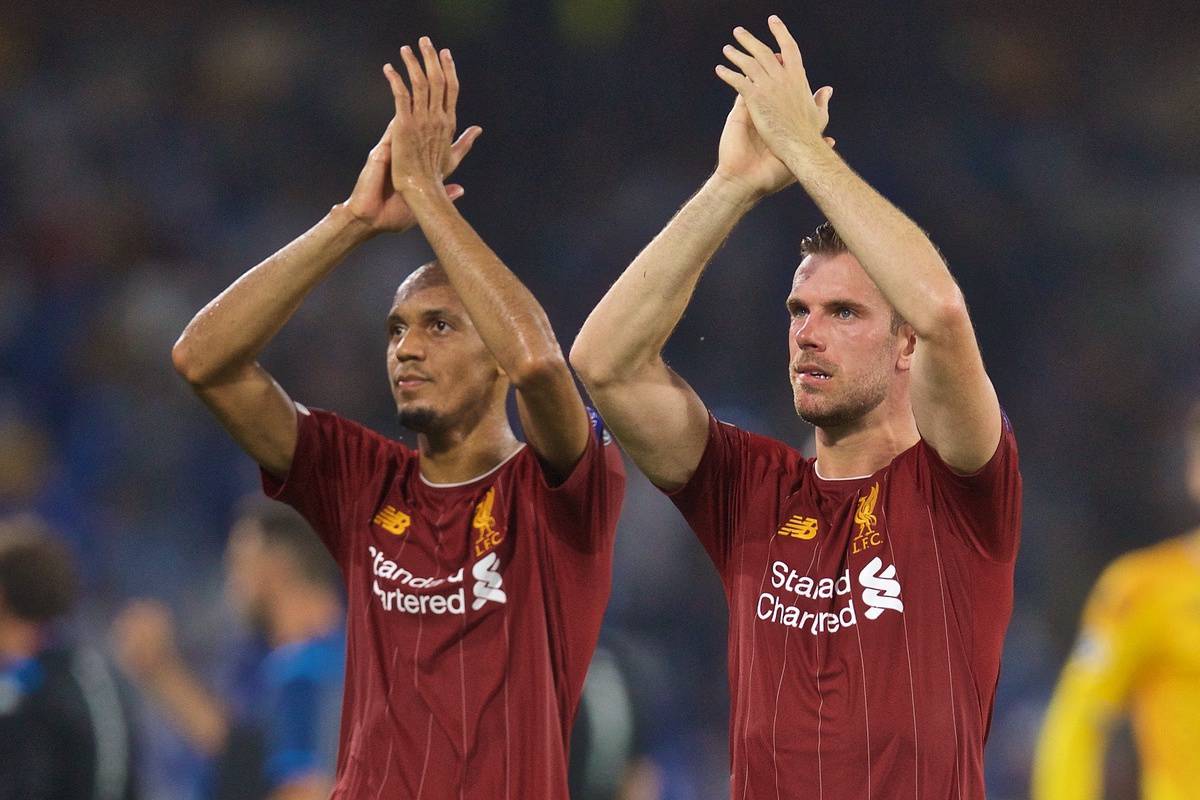 NAPLES, ITALY - Tuesday, September 17, 2019: Liverpool's Fabio Henrique Tavares 'Fabinho' (L) and captain Jordan Henderson applaud the supporters after the UEFA Champions League Group E match between SSC Napoli and Liverpool FC at the Studio San Paolo. Napoli won 2-0. (Pic by David Rawcliffe/Propaganda)