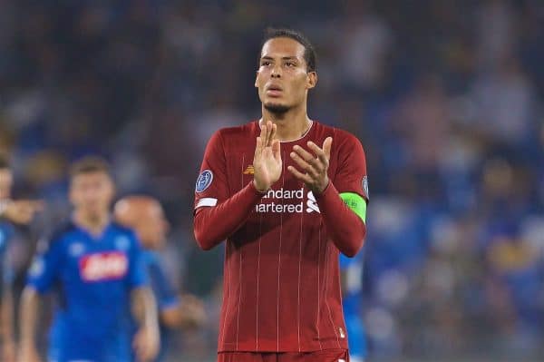 NAPLES, ITALY - Tuesday, September 17, 2019: Liverpool's Virgil van Dijk applauds the supporters after the UEFA Champions League Group E match between SSC Napoli and Liverpool FC at the Studio San Paolo. Napoli won 2-0. (Pic by David Rawcliffe/Propaganda)