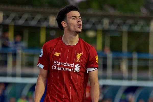 LEICESTER, ENGLAND - Friday, September 20, 2019: Liverpool's captain Curtis Jones celebrates scoring the first goal during the Under-23 FA Premier League 2 Division 1 match between Leicester City FC and Liverpool FC at Holmes Park. (Pic by David Rawcliffe/Propaganda)