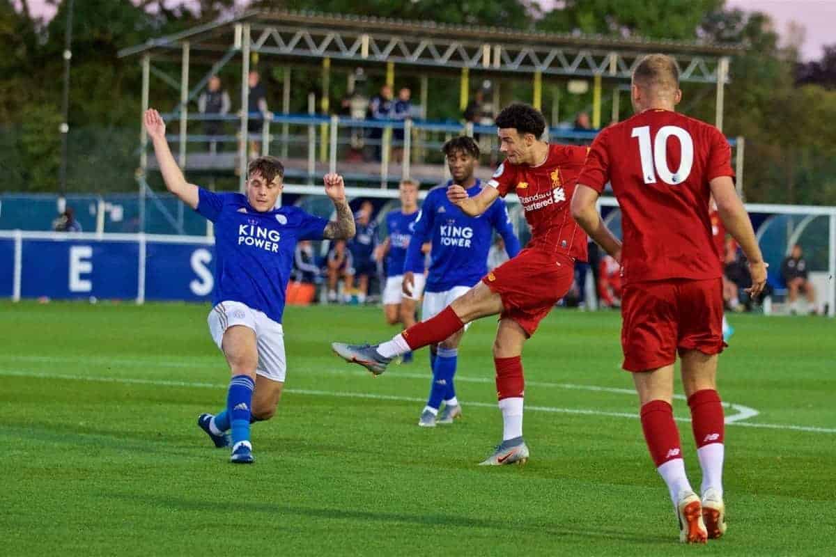 LEICESTER, ENGLAND - Friday, September 20, 2019: Liverpool's captain Curtis Jones scores the first goal during the Under-23 FA Premier League 2 Division 1 match between Leicester City FC and Liverpool FC at Holmes Park. (Pic by David Rawcliffe/Propaganda)