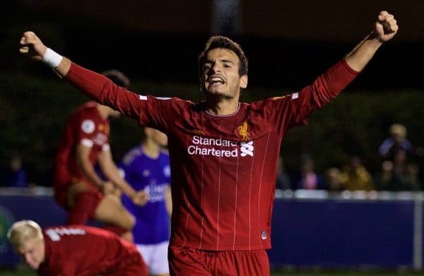 LEICESTER, ENGLAND - Friday, September 20, 2019: Liverpool's Pedro Chirivella celebrates after team-mate Luis Longstaff scores an injury time equalising goal during the Under-23 FA Premier League 2 Division 1 match between Leicester City FC and Liverpool FC at Holmes Park. The game ended in a 2-2 draw. (Pic by David Rawcliffe/Propaganda)