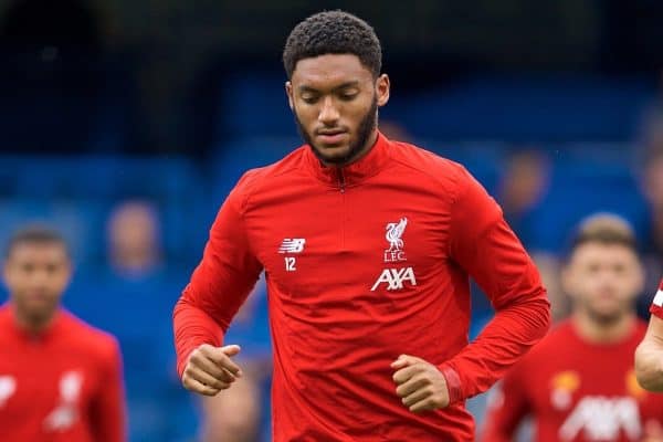 LONDON, ENGLAND - Sunday, September 22, 2019: Liverpool's Joe Gomez (L) and Adam Lallana (R) during the pre-match warm-up before during the FA Premier League match between Chelsea's FC and Liverpool FC at Stamford Bridge. (Pic by David Rawcliffe/Propaganda)