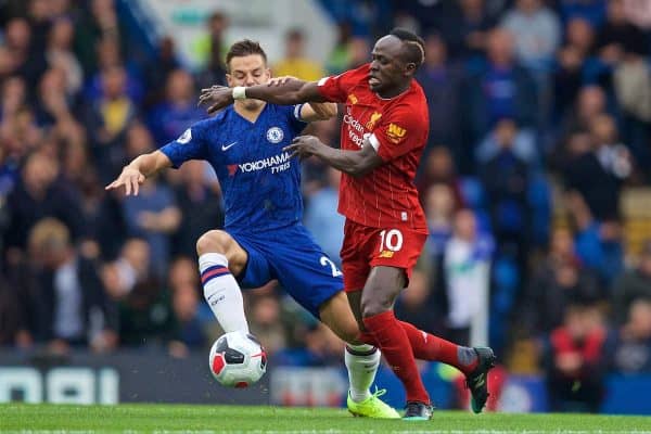 LONDON, ENGLAND - Sunday, September 22, 2019: Chelsea's 's Cesar Azpilicueta (L) tackles Liverpool's Sadio Mane during the FA Premier League match between Chelsea's FC and Liverpool FC at Stamford Bridge. (Pic by David Rawcliffe/Propaganda)