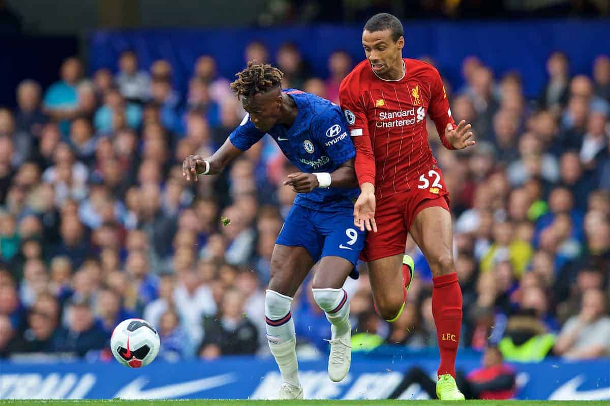 LONDON, ENGLAND - Sunday, September 22, 2019: Chelsea's Tammy Abraham (L) and Liverpool's Joel Matip (R) during the FA Premier League match between Chelsea's FC and Liverpool FC at Stamford Bridge. (Pic by David Rawcliffe/Propaganda)