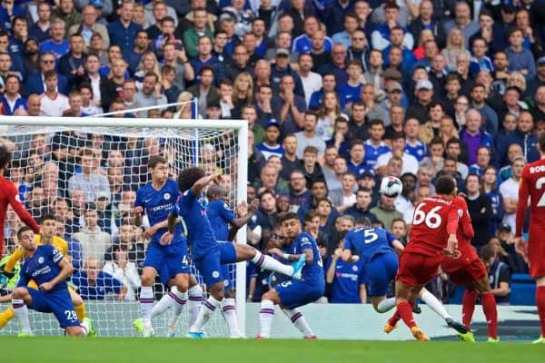 LONDON, ENGLAND - Sunday, September 22, 2019: Liverpool's Trent Alexander-Arnold scores the first goal during the FA Premier League match between Chelsea's FC and Liverpool FC at Stamford Bridge. (Pic by David Rawcliffe/Propaganda)