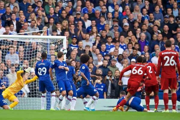 LONDON, ENGLAND - Sunday, September 22, 2019: Liverpool's Trent Alexander-Arnold scores the first goal during the FA Premier League match between Chelsea's FC and Liverpool FC at Stamford Bridge. (Pic by David Rawcliffe/Propaganda)