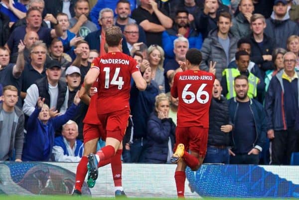 LONDON, ENGLAND - Sunday, September 22, 2019: Liverpool's Trent Alexander-Arnold celebrates scoring the first goal during the FA Premier League match between Chelsea's FC and Liverpool FC at Stamford Bridge. (Pic by David Rawcliffe/Propaganda)