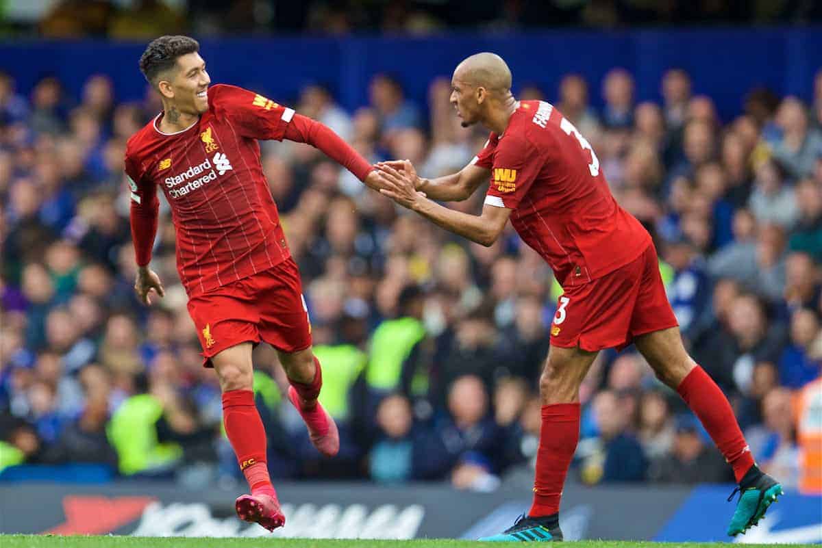 LONDON, ENGLAND - Sunday, September 22, 2019: Liverpool's Roberto Firmino (L) celebrates scoring the second goal with team-mate Fabio Henrique Tavares 'Fabinho' during the FA Premier League match between Chelsea's FC and Liverpool FC at Stamford Bridge. (Pic by David Rawcliffe/Propaganda)