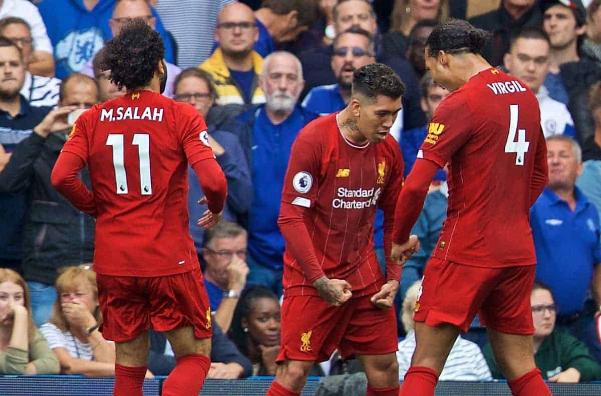 LONDON, ENGLAND - Sunday, September 22, 2019: Liverpool's Roberto Firmino (C) celebrates scoring the second goal during the FA Premier League match between Chelsea's FC and Liverpool FC at Stamford Bridge. (Pic by David Rawcliffe/Propaganda)