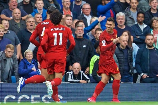 LONDON, ENGLAND - Sunday, September 22, 2019: Liverpool's Roberto Firmino celebrates scoring the second goal during the FA Premier League match between Chelsea's FC and Liverpool FC at Stamford Bridge. (Pic by David Rawcliffe/Propaganda)