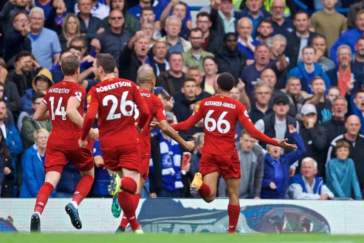 LONDON, ENGLAND - Sunday, September 22, 2019: Liverpool's Trent Alexander-Arnold celebrates scoring the first goal during the FA Premier League match between Chelsea's FC and Liverpool FC at Stamford Bridge. (Pic by David Rawcliffe/Propaganda)