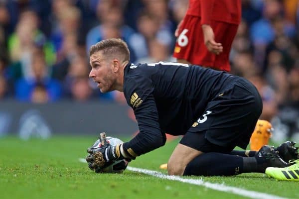 LONDON, ENGLAND - Sunday, September 22, 2019: Liverpool's goalkeeper Adrián San Miguel del Castillo during the FA Premier League match between Chelsea's FC and Liverpool FC at Stamford Bridge. (Pic by David Rawcliffe/Propaganda)