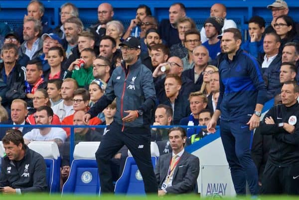 LONDON, ENGLAND - Sunday, September 22, 2019: Liverpool's manager Jürgen Klopp (L) and Chelsea's manager Frank Lampard during the FA Premier League match between Chelsea's FC and Liverpool FC at Stamford Bridge. (Pic by David Rawcliffe/Propaganda)