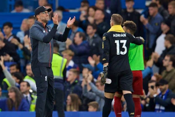 LONDON, ENGLAND - Sunday, September 22, 2019: Liverpool's manager Jürgen Klopp celebrates after the FA Premier League match between Chelsea's FC and Liverpool FC at Stamford Bridge. Liverpool won 2-1. (Pic by David Rawcliffe/Propaganda)